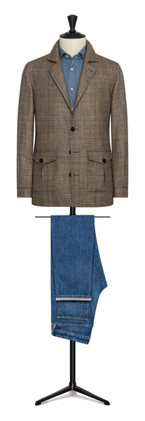 Mixed brown wool-silk-cashmere glencheck with slate blue overcheck by LORO PIANA