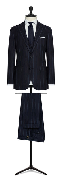 Fall / Winter 2022 Custom Suit - navy natural bi-stretch s130 wool flannel with storm blue stripe by Drago