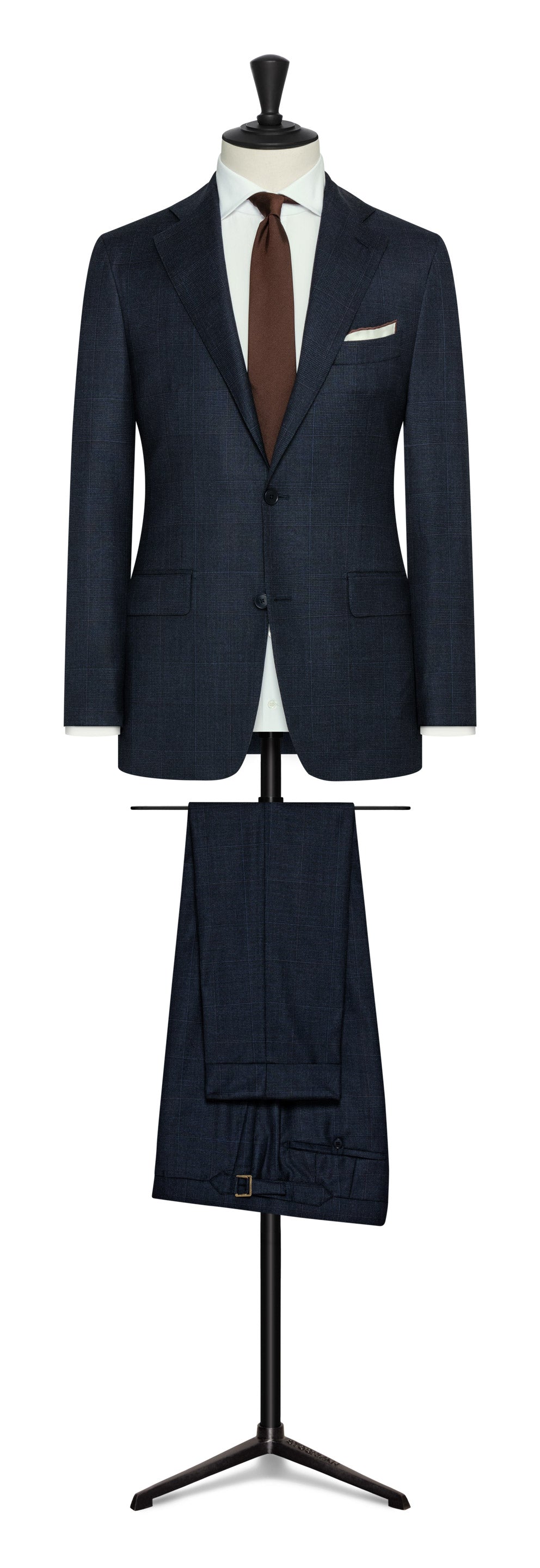 Fall / Winter Custom Suit navy s150 wool subtle glencheck with burgundy overcheck by Loro Piana