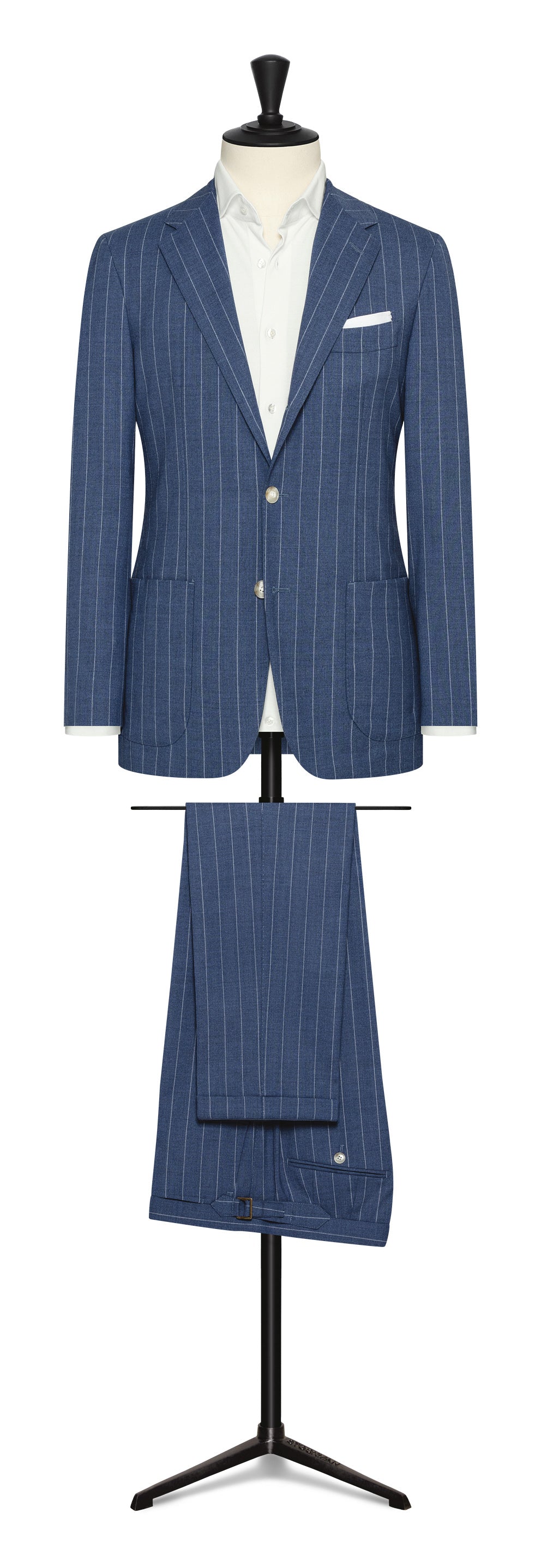 Spring / Summer 23  /denim blue stretch wool blend with white pinstripe