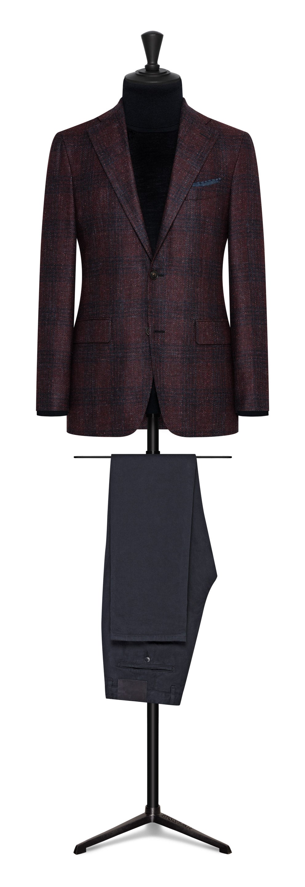 Burgundy wool-silk-linen-blend with dark blue check by DELFINO